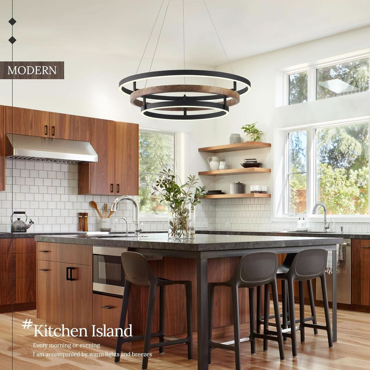 Matte Black Triple Ring LED 24 Inch Chandelier Fixture